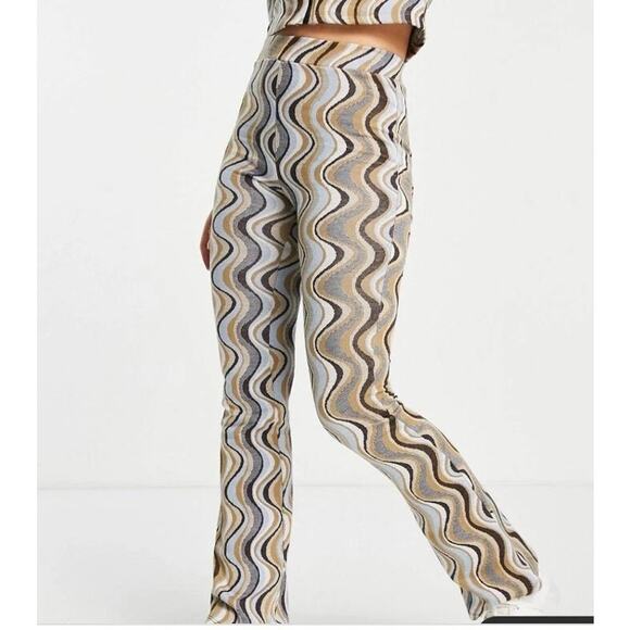 Wavy Pattern Flare Pants Brown Blue Beige Retro Style Trousers - Picture 1 of 7